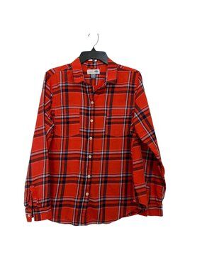 Old Navy Red Orange Plaid Long Sleeve Button-Up Shirt Classic Fit Size L